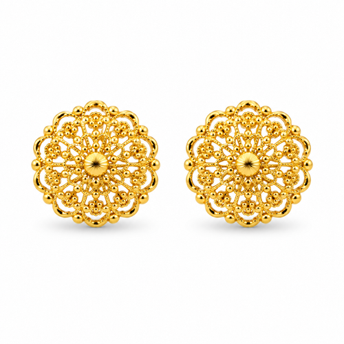 Filigree Gold Stud Earrings — studio image on white background