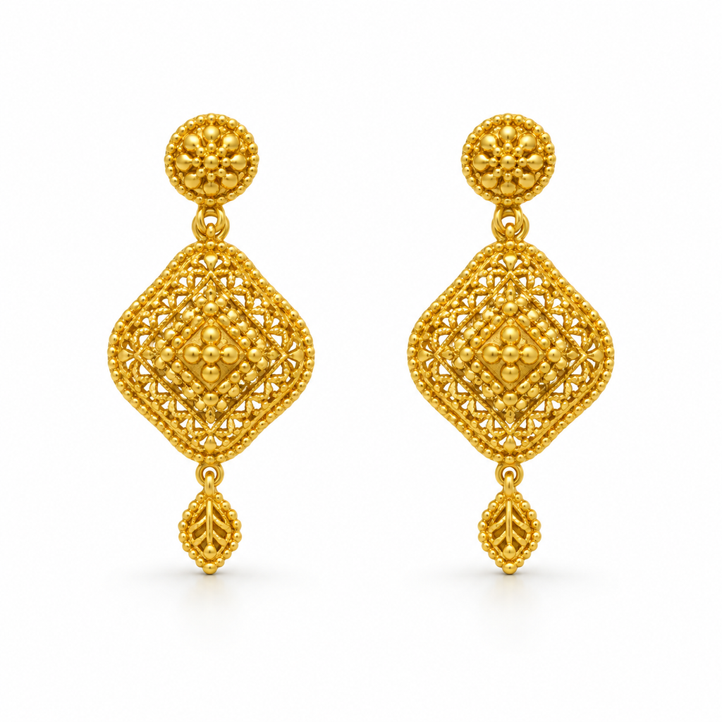 Regal Medallion Drop Gold Earrings — studio image on white background