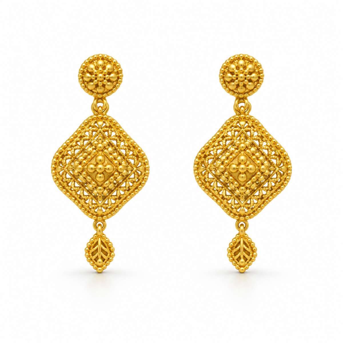 Regal Medallion Drop Gold Earrings — studio image on white background